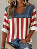 Women's American Flag Printed Casual Waffle Long Sleeve T-shirt