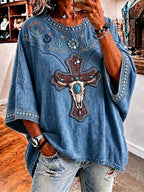 Ladies' Retro Western Style Cross Faith Loose Top