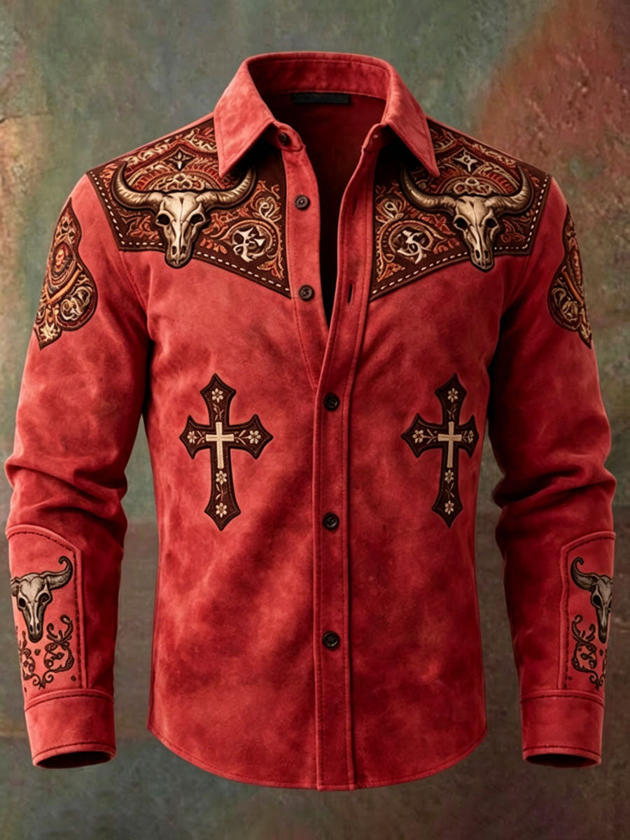 Men'S Western Style Ethnic Print Cross Pattern Long Sleeved Shirt