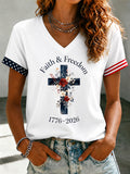 Women's American Independence Day Faith Cross Print Gradient V-Neck Top