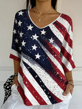 Ladies' Casual American Flag Print V-Neck Half Sleeved T-Shirt