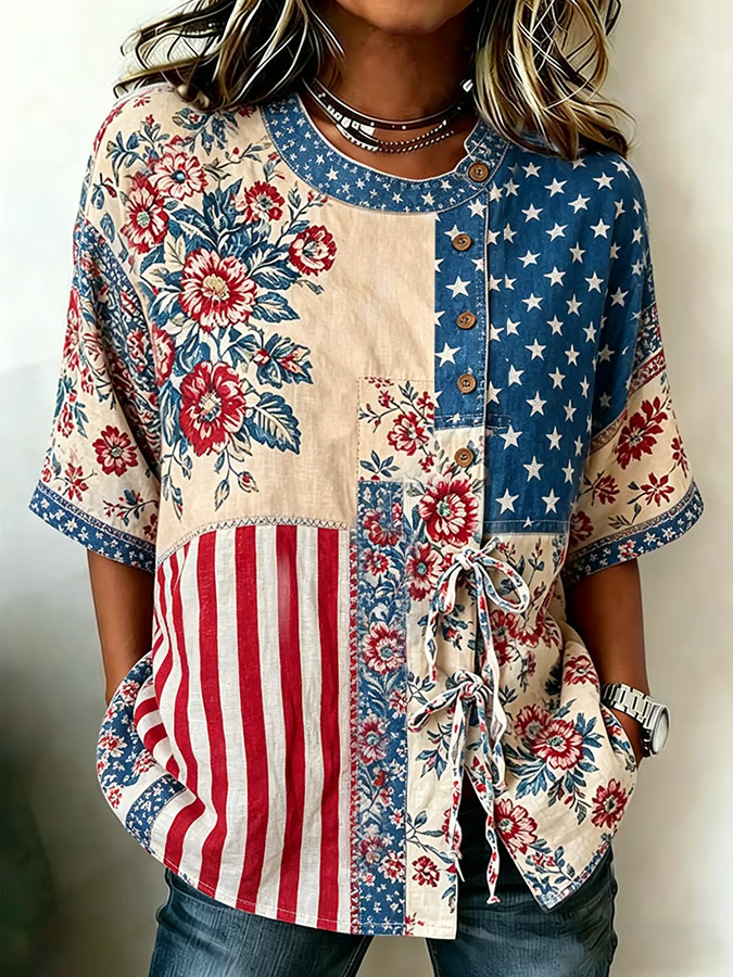 Women's Cotton Linen Floral Floral 250th Anniversary Digital Print Top