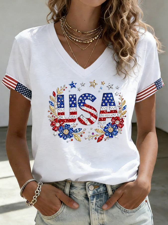 Women's Flower Independence Day Printed Casual T-shirt