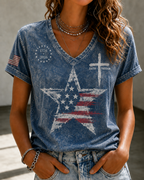 Women'S Clothing Belief Freedom And Flag Print Casual V-Neck Top