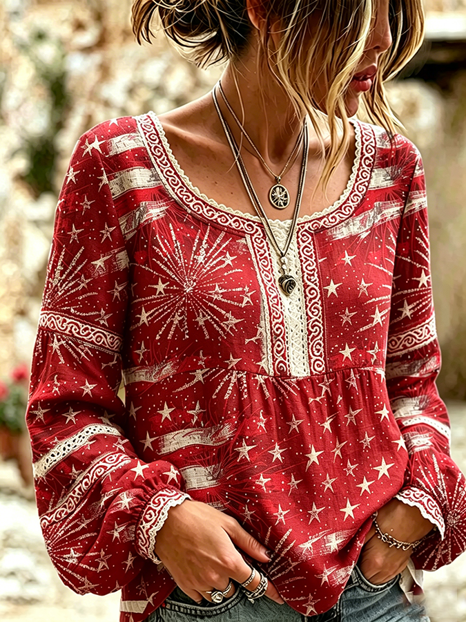 Women's National Flag Floral Cotton Linen Shirt