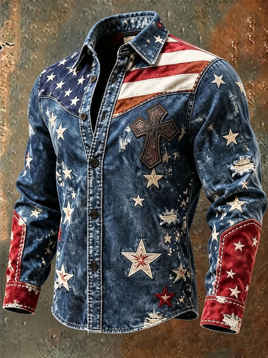 Men's Retro Style Art Print Western Vintage Tassel Casual Long Sleeve Shirt