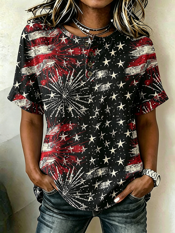 Women'S Casual Independence Day Fireworks Cotton And Linen Button Up Shirt