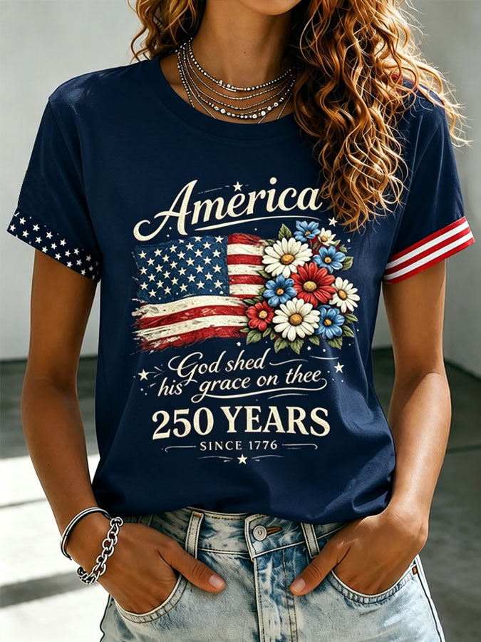 Women's Floral American Flag Printed Casual T-shirt