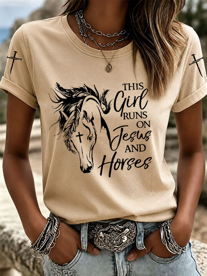 Women's This Girl Runs On Jesus And Horses Printed Casual T-Shirt