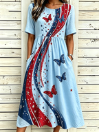 Women's National Flag Floral Print Cotton Linen Short-Sleeved Dress