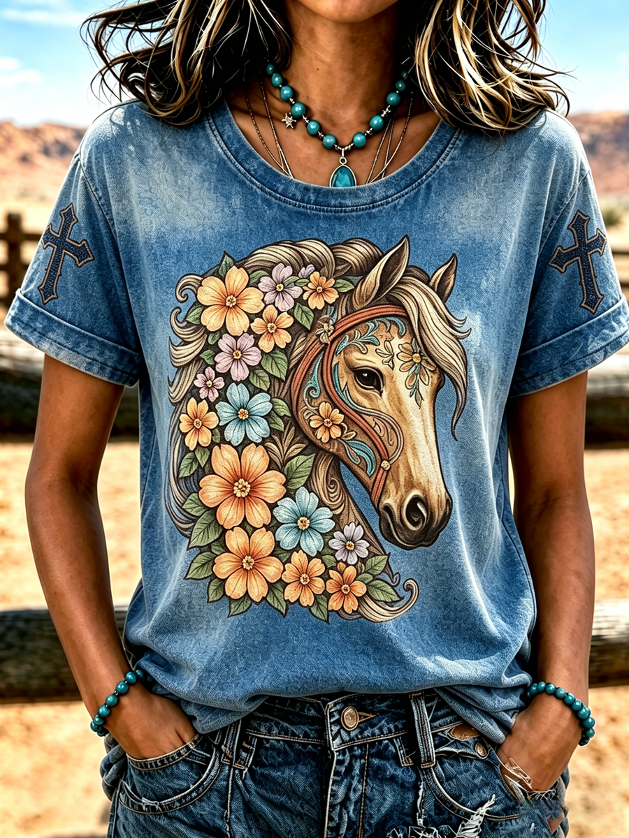 Women'S Retro Floral Horse Print Casual Round Neck Short Sleeved Shirt
