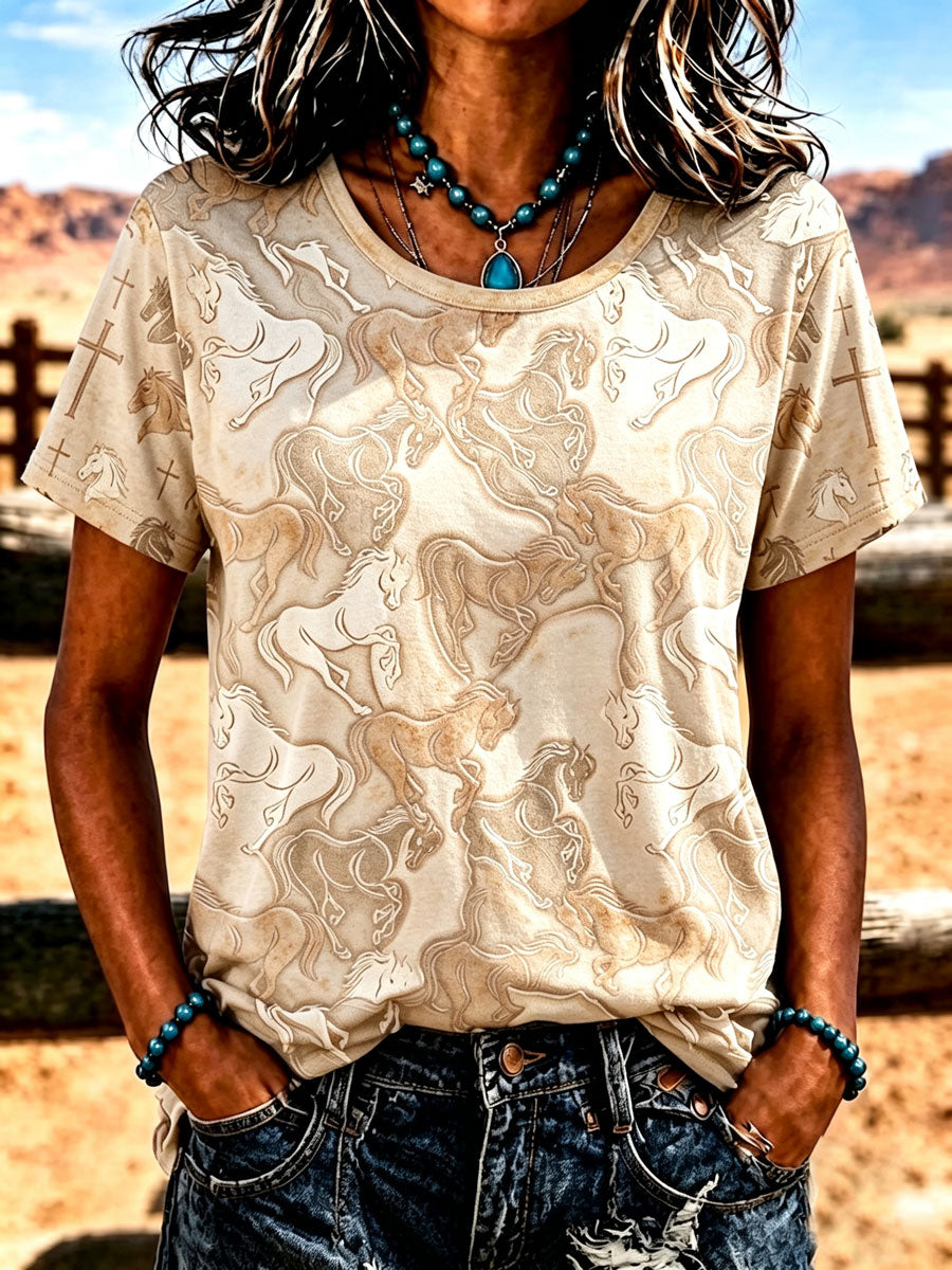 Women'S Western-Style Horse Pattern Faith Short-Sleeve T-Shirt