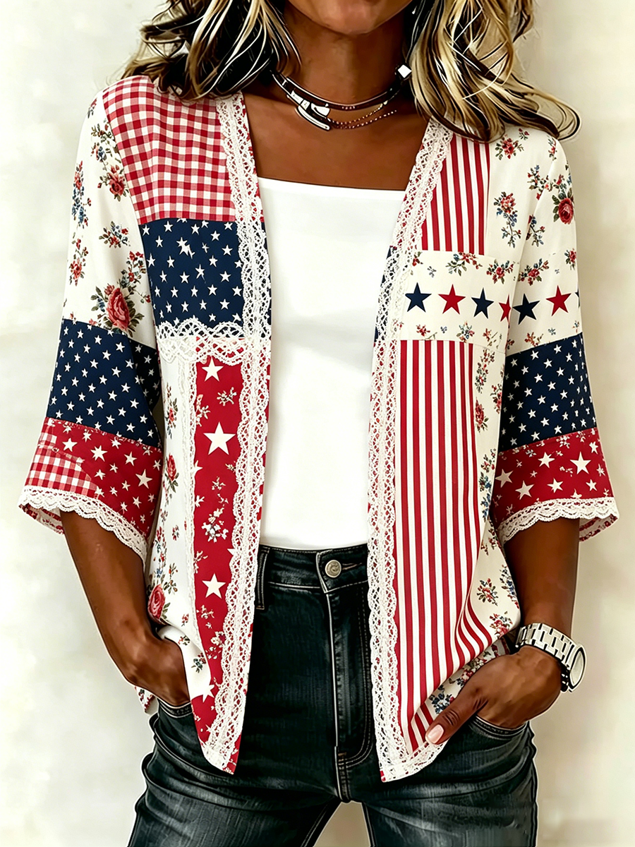 Women'S Casual Loose Independence Day Patriotic Cardigan