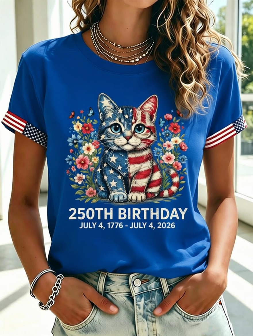 Women'S Independence Day Flower And Animal Flag Short Sleeve T-Shirt