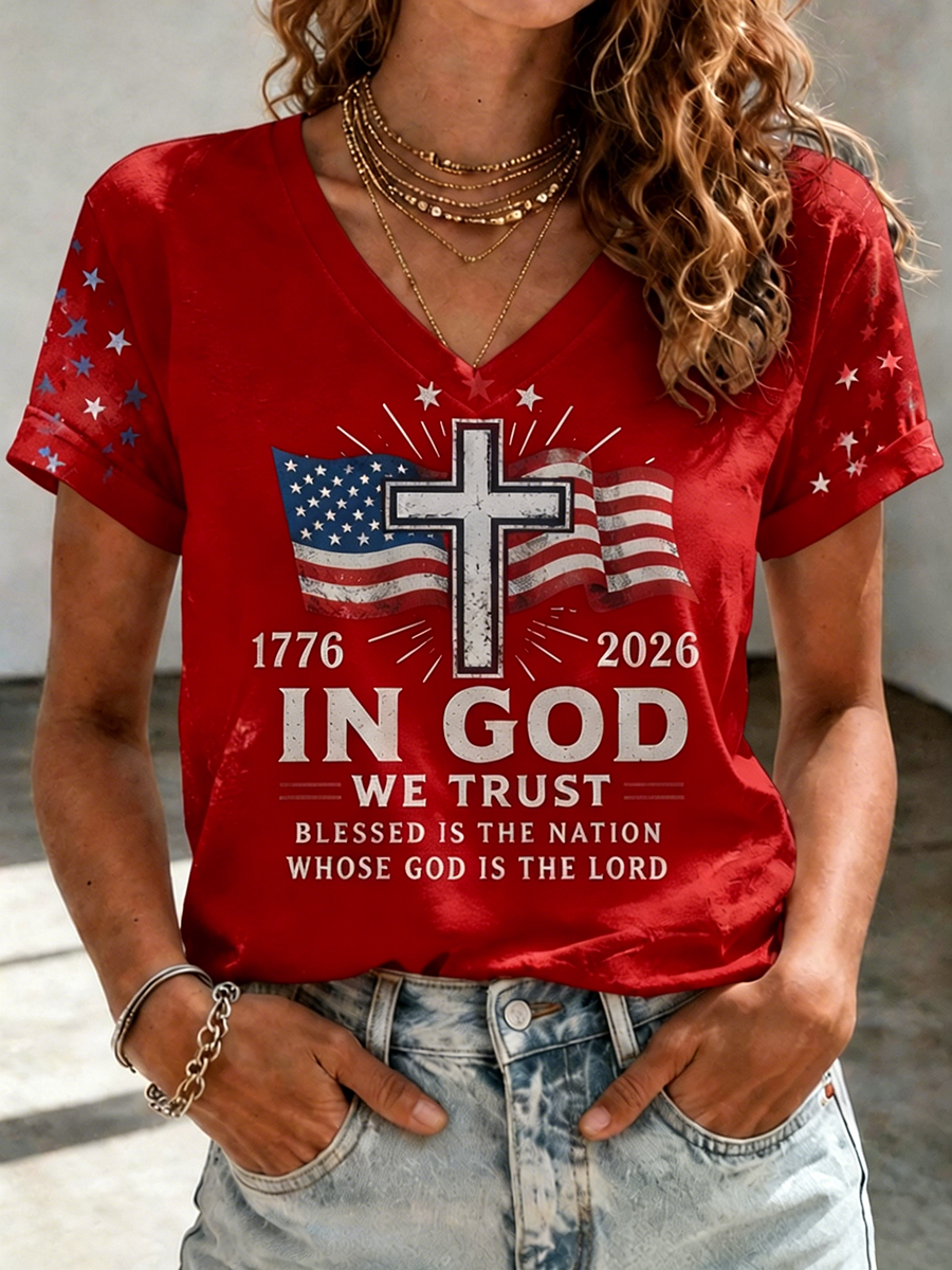 Women's In God We Trust 1776 2026 American Flag Cross Vintage Short Sleeve V Neck Tee
