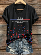 250Th Anniversary American Embroidery Commemorative V-Neck Short Sleeved T-Shirt