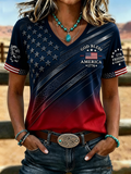 Women'S Casual Western Style Patriotic Printed Casual V-Neck T-Shirt