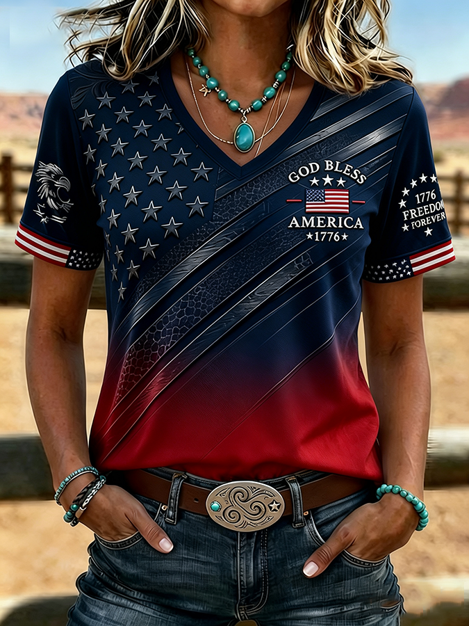 Women'S Casual Western Style Patriotic Printed Casual V-Neck T-Shirt