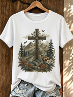 Mountain Deer Floral Cross Vintage Print Crew Neck Casual Short Sleeve T-Shirt