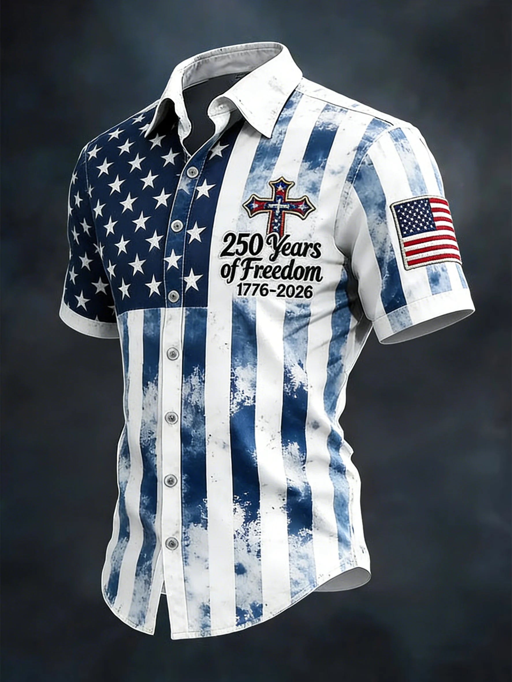 Men'S Casual 250Th Anniversary Of The Founding Of The United States Printed Button Down Short Sleeved Shirt