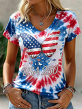 Women's USA 250 Tie Dye Flag Rhinestone Butterfly Print V Neck T-shirt