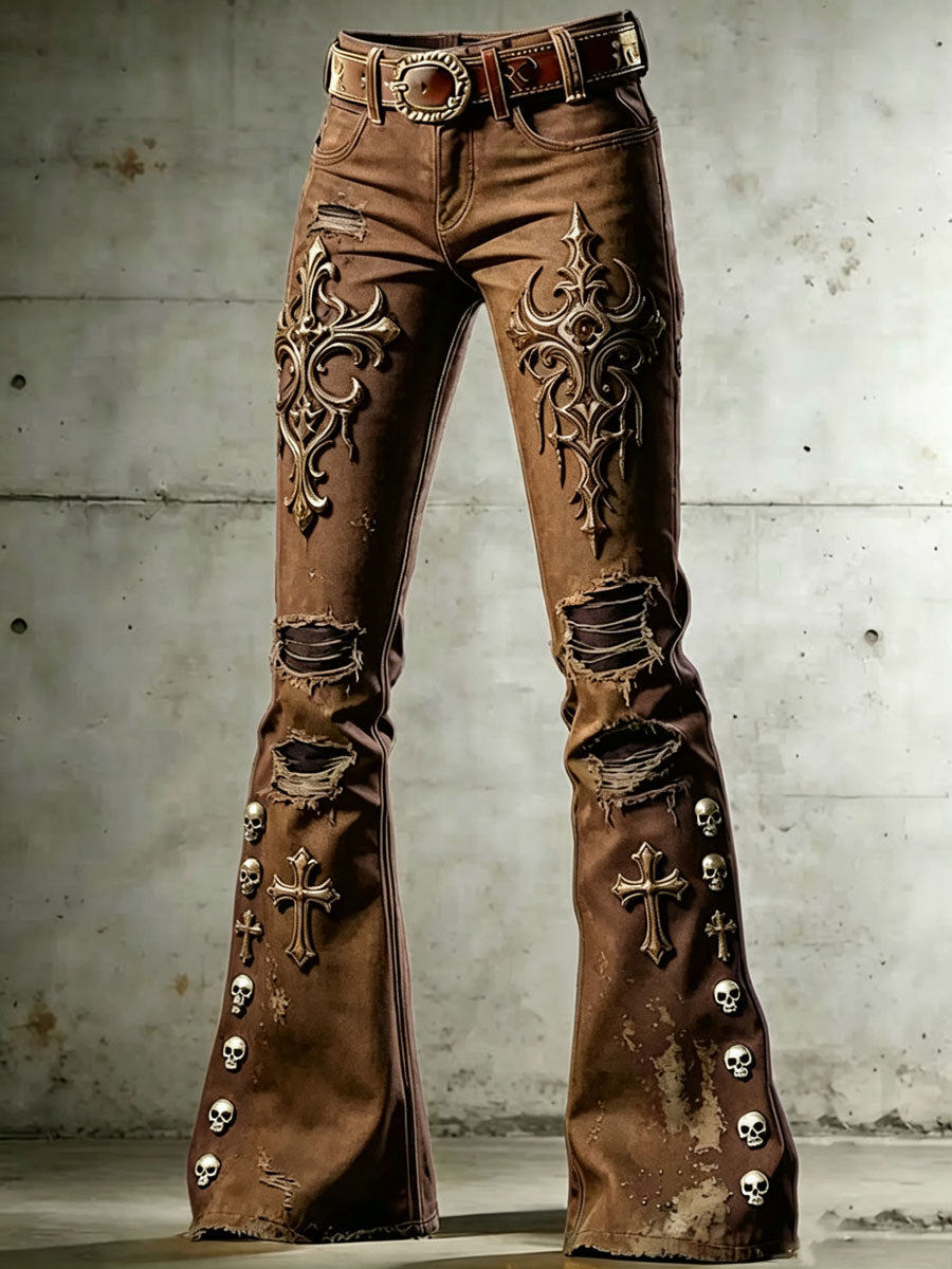 Women's Gothic Skull Art Print Flared Trousers
