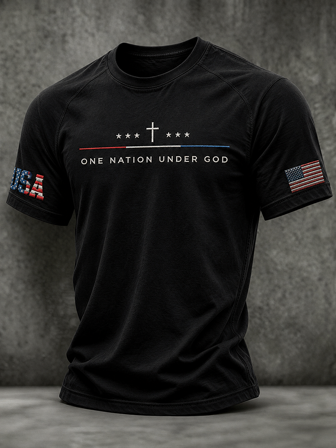 Men's One Nation Under God Cross USA Flag Embroidery Crew Neck Raglan Short Sleeve Patriotic T-Shirt