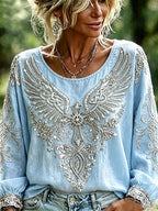 Women's Cotton-Linen Floral Top with Vintage Wing and Cross Print