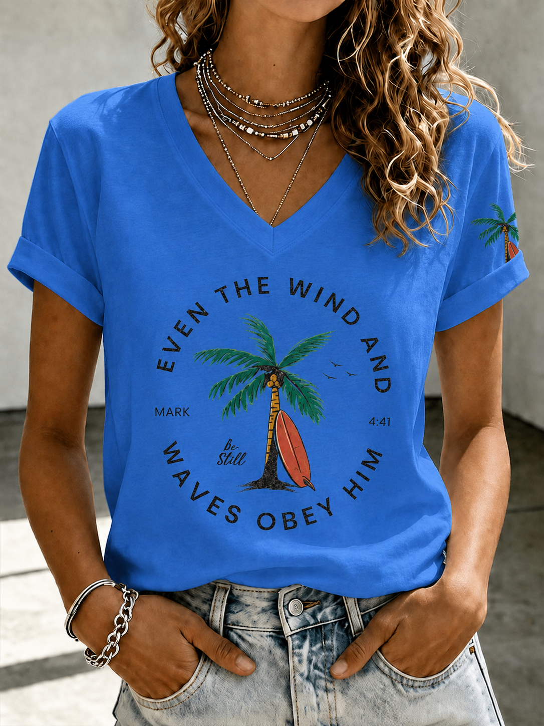 Women'S “Even The Wind And Waves Obey Him” Print V-Neck T-Shirt