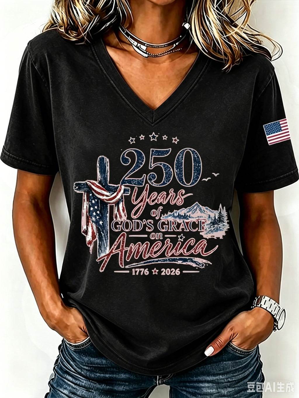 Women'S American Flag Cross Printed Casual V-Neck T-Shirt