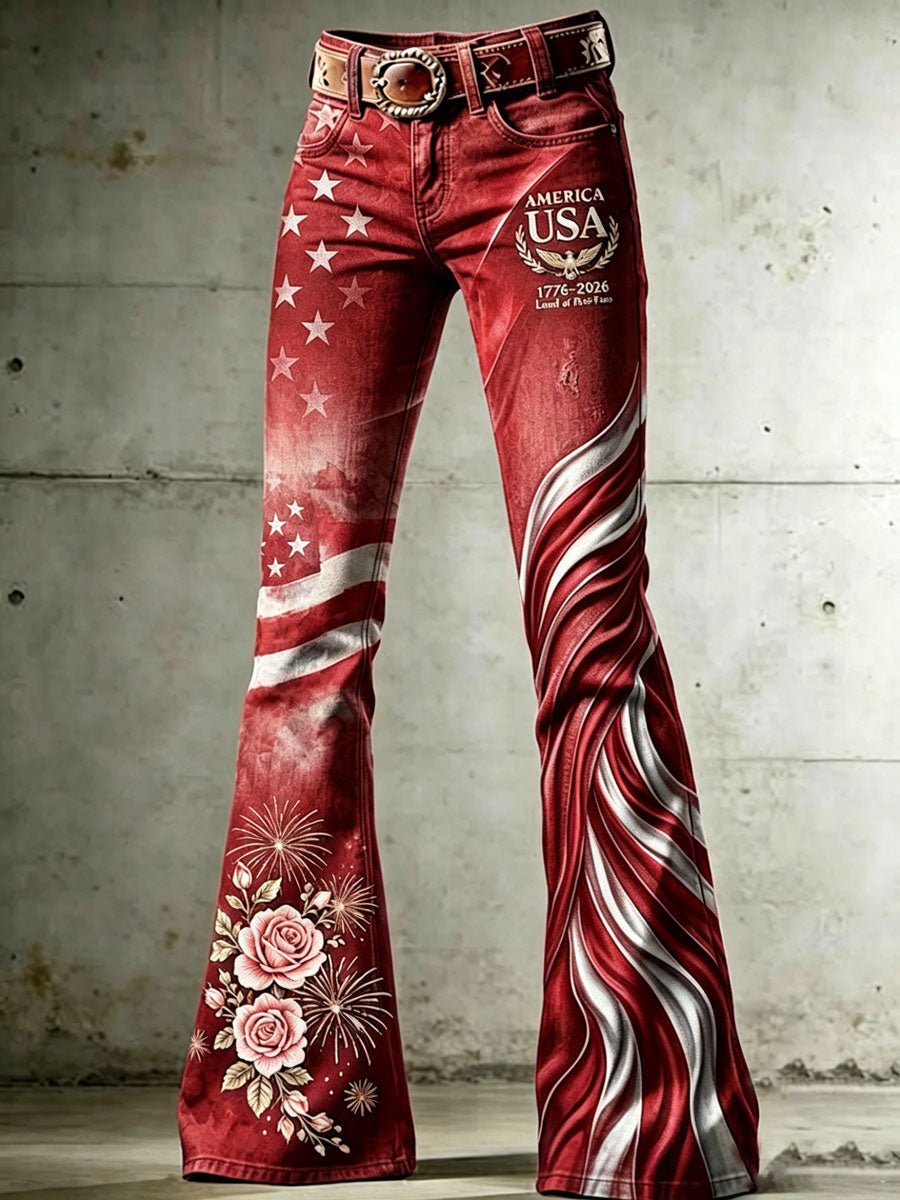 Women's High-Waisted Jeans with Cross, Flag, Butterfly, and Floral Patterns