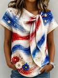 Women'S 250th Anniversary American Art Print Tie-Neck Short-Sleeve Top