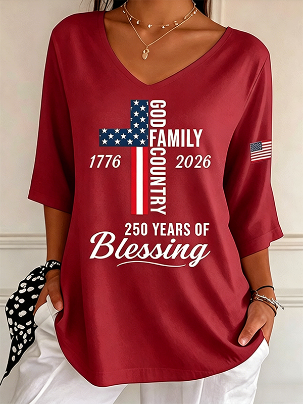 Women's God Family Country Flag Cross V Neck 3/4 Sleeve Casual Tee