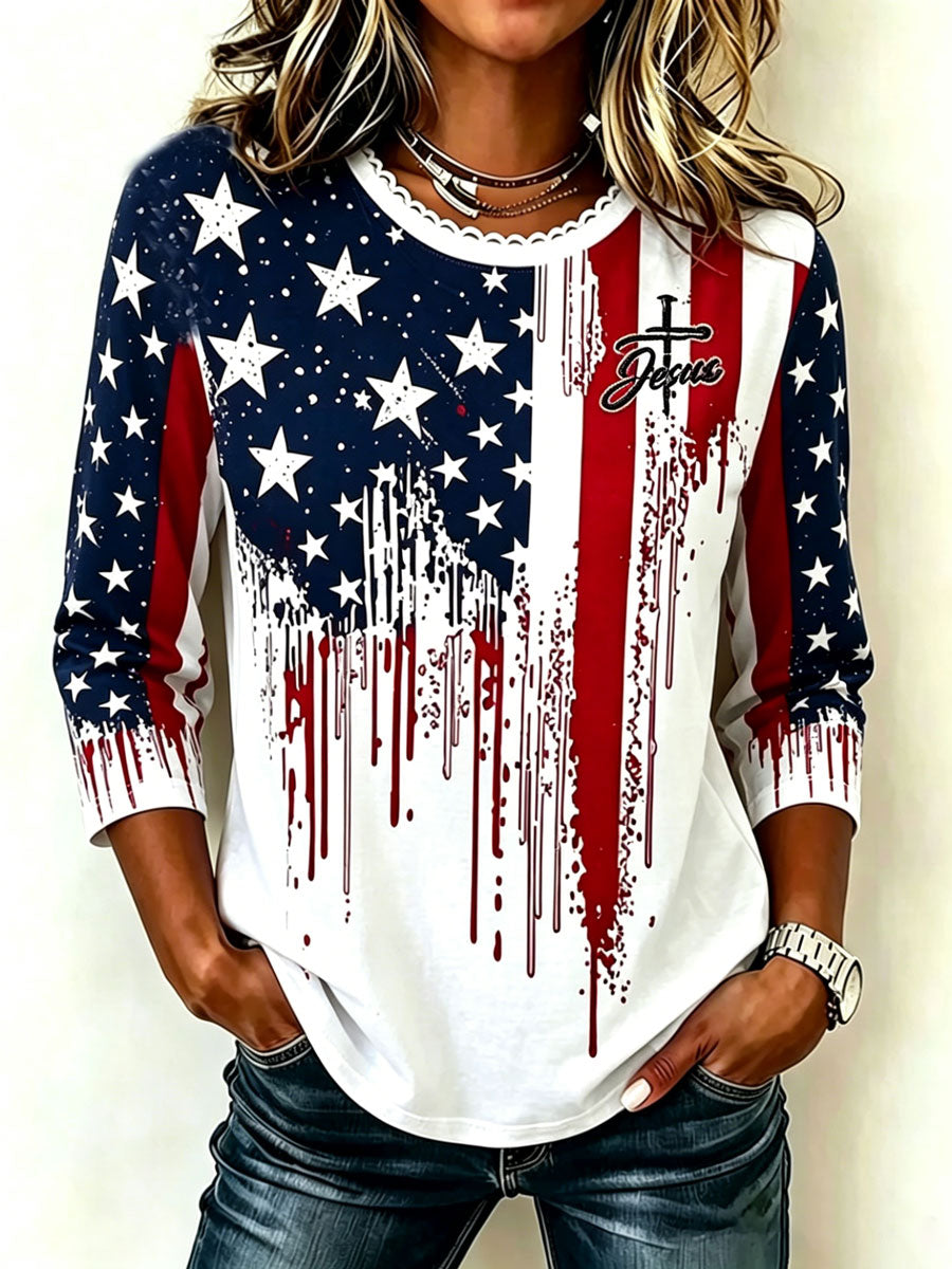 Women'S Cotton Linen Lace Collar 250Th Anniversary American Flag Faith Printed Shirt