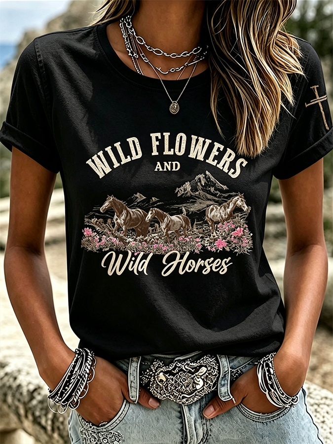 Retro Ethnic Floral Art Printed Round Neck Women's T-Shirt