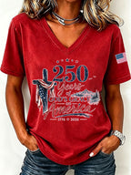 Women'S American Flag Cross Printed Casual V-Neck T-Shirt