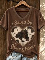 Women'S Retro Western Ethnic Art Flower Printed V-Neck T-Shirt
