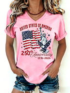 Women's 1776-2026 Statue of Liberty Anniversary Eagle Print V-neck T-shirt