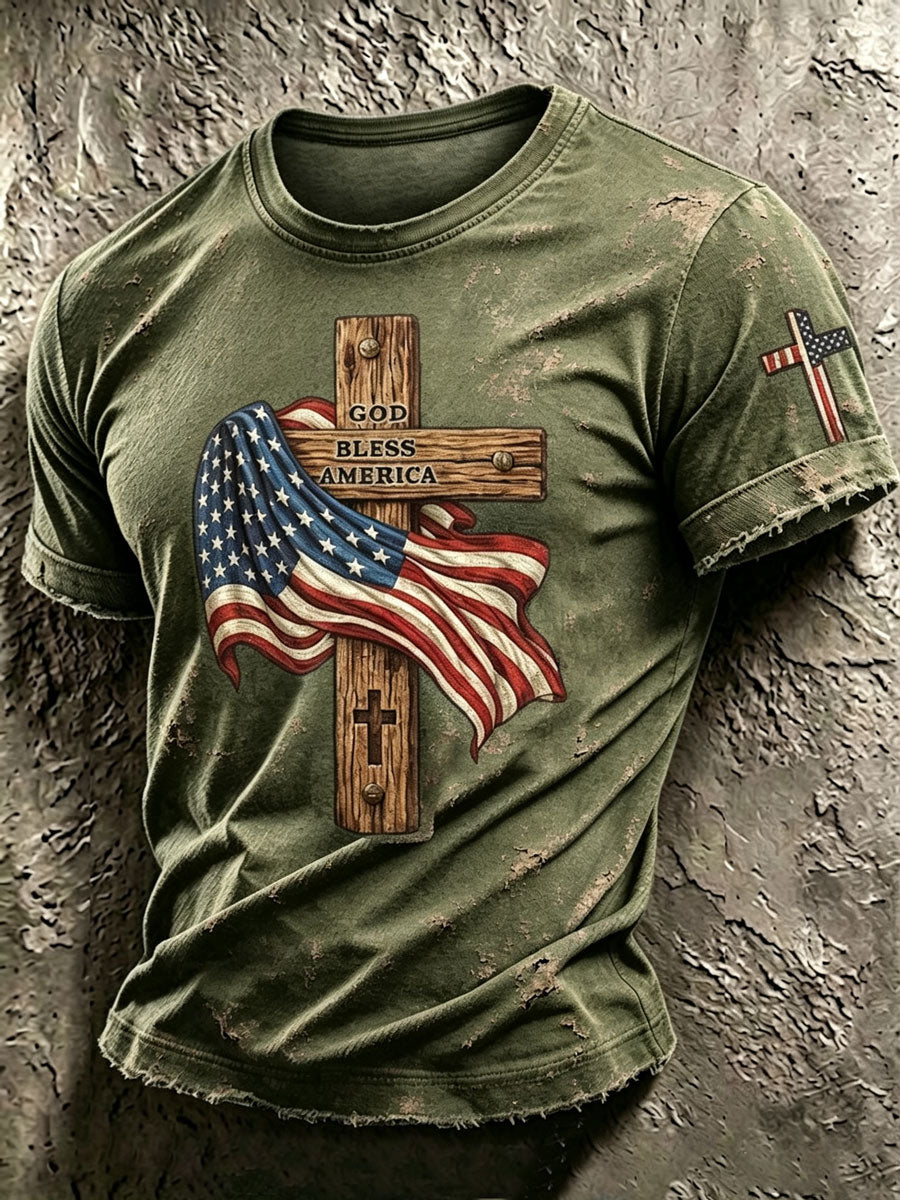 Men'S Retro American Flag Cross ���GOD BLESS AMERICA ���Pattern Short Sleeve T-Shirt