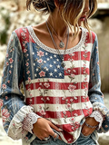 Women's Vintage American Flag Floral Art Cotton-Linen Shirt