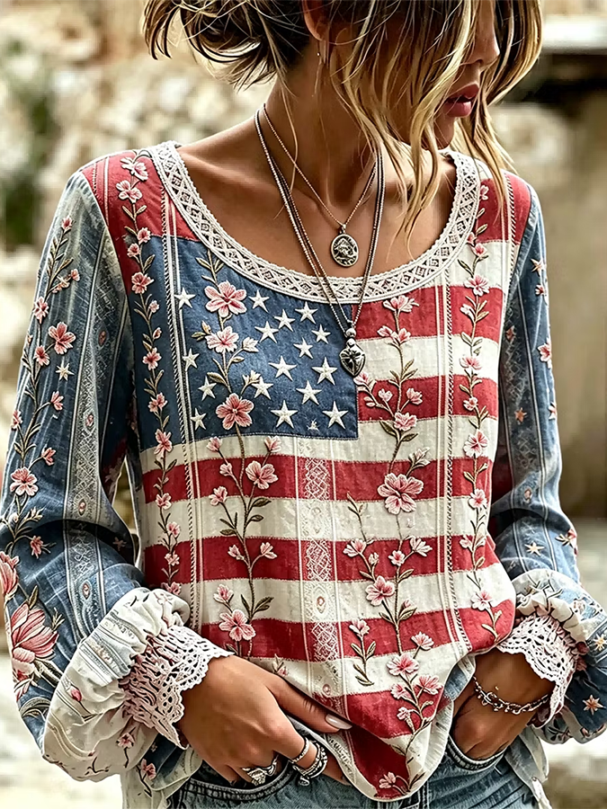 Women's Vintage American Flag Floral Art Cotton-Linen Shirt