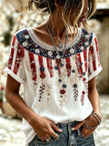 Women'S Casual Patriotic Printed Cotton And Linen Round Neck Top