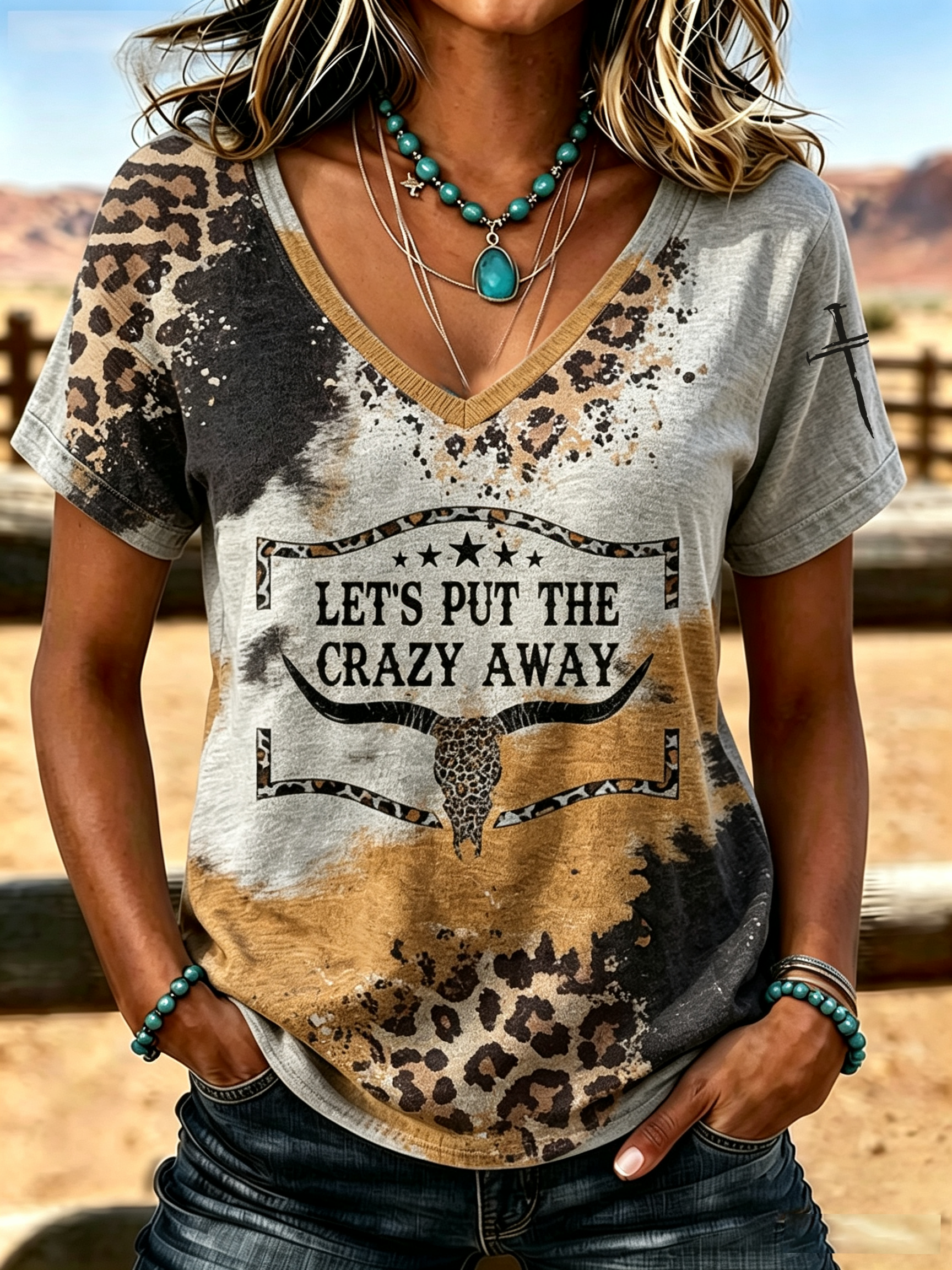 Western Style Ethnic Belief Cross Print V-Neck Top