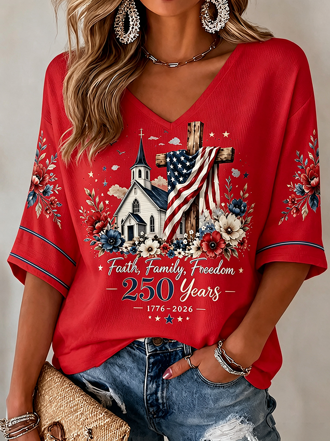 Women'S 250Th Anniversary Flag Cross Commemorative Print V-Neck
