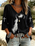 Women'S Casual V-Neck Western Faith Seven Quarter Sleeve T-Shirt