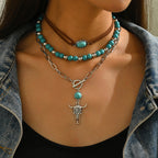Western Cowboy Style Necklace Set Retro Turquoise Velvet Neck Rope Clavicle Chain