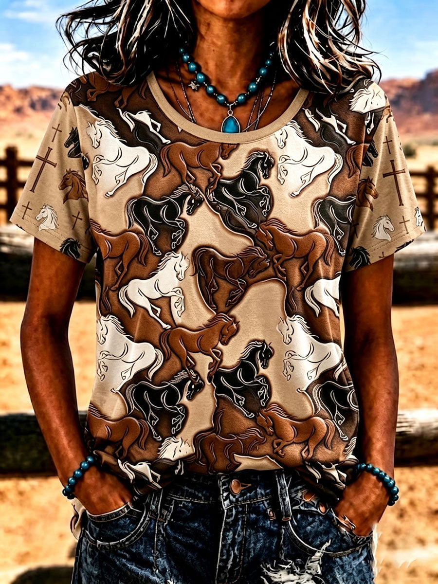 Women'S Western-Style Horse Pattern Faith Short-Sleeve T-Shirt