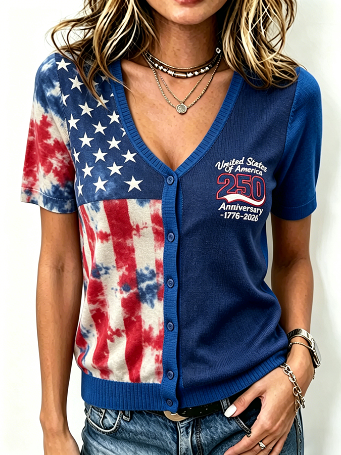 Women's Anniversary US Flag Tie Dyeing V-neck Button Cardigan