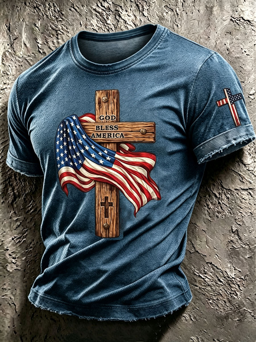 Men'S Retro American Flag Cross ���GOD BLESS AMERICA ���Pattern Short Sleeve T-Shirt