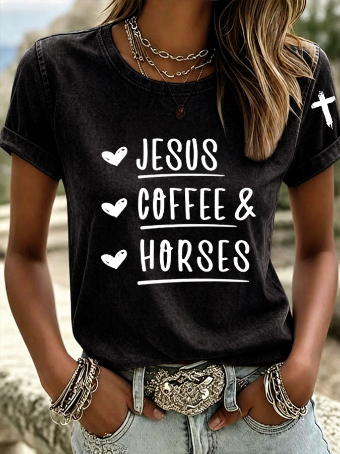 Women's Jesus Coffee Horses Printed Casual T-Shirt
